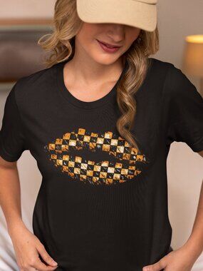 Checkered Lips T-Shirt – Distressed Graphic Tee with Transparent Knockout Orange